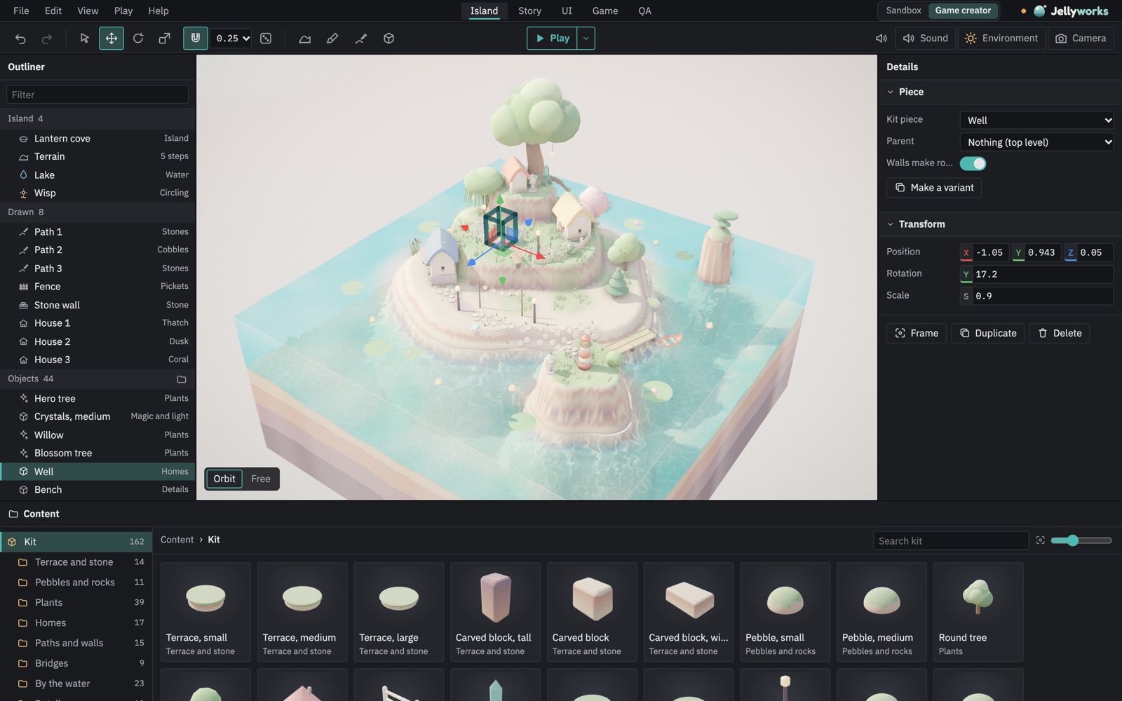 The JellyDrop editor in its dark look: the island outliner, the viewport with an island, the details panel and the kit shelf