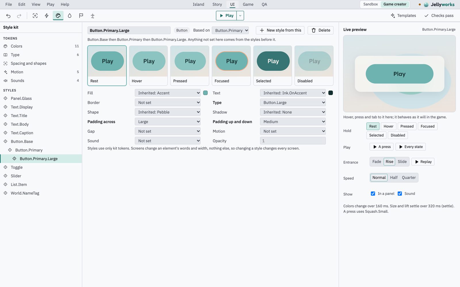 The UI tab: a menu screen being designed with its elements and details