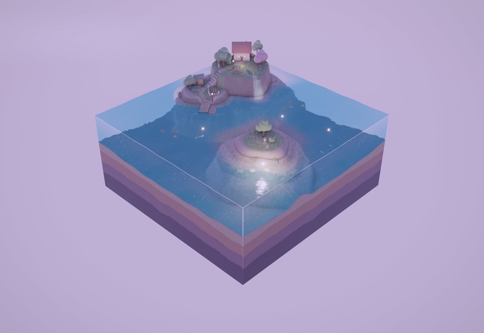 The same island at blue hour, its lanterns coming on