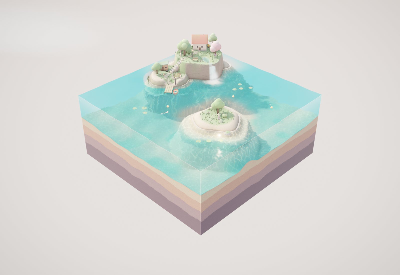 A small island on a block of clear water in morning light: a pink-roofed cottage on a grassy cliff with a pond and a waterfall, a stone stair down to a garden and a dock, and a round islet with a maple