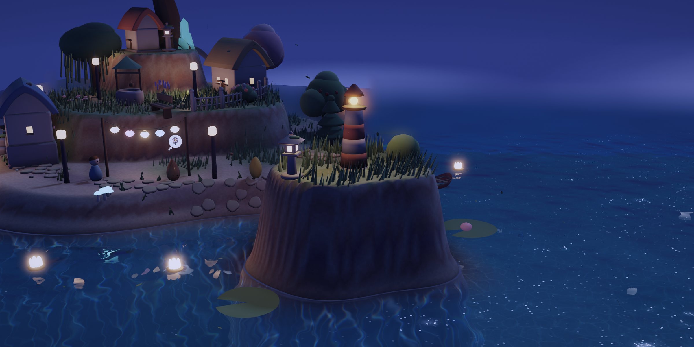 The lantern village close up at night, windows and lanterns glowing over the water