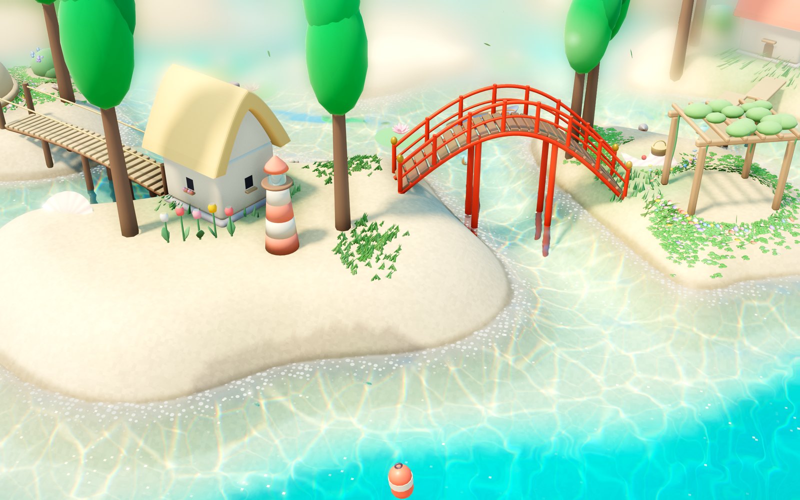 Mango Atoll at noon: a turquoise lagoon, a thatched hut, a little lighthouse and a red bridge