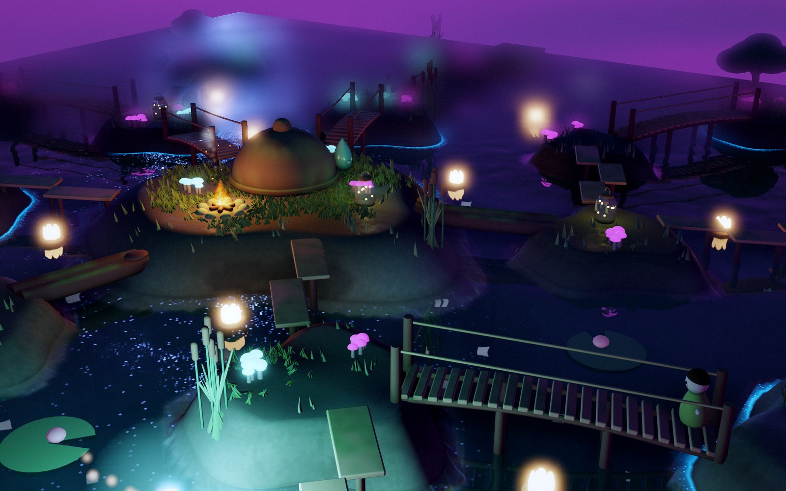 Glowmere Fen at night: floating lanterns, glowing mushrooms, a campfire and boardwalks