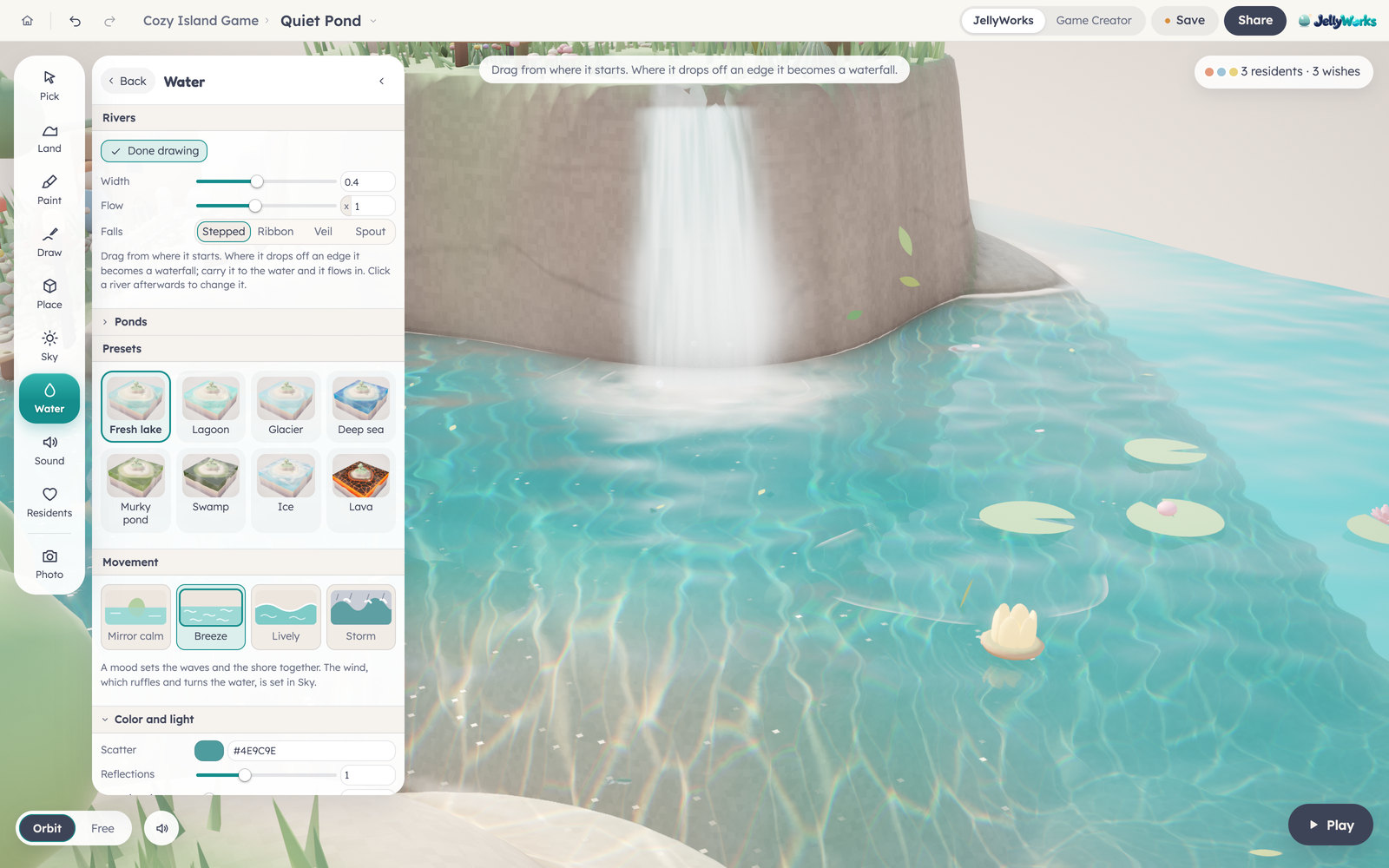 Clear lake water below a waterfall, with the Water presets open beside it