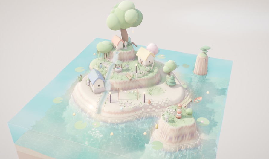 A lantern village on a little island in morning light, a river falling into the lake