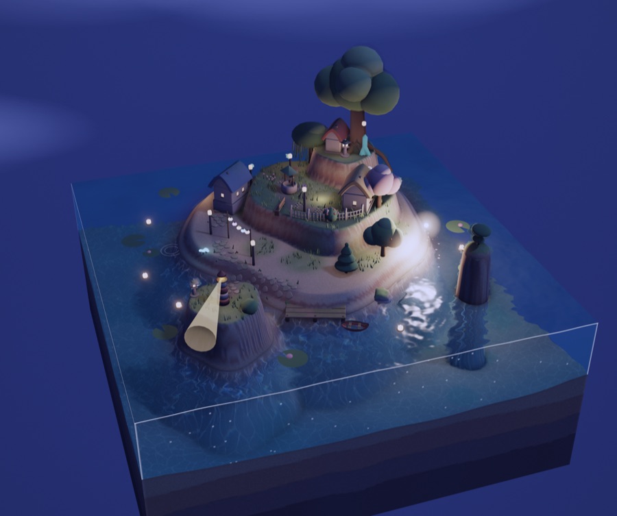 The island at night in photo mode, lanterns on the water and a lighthouse beam