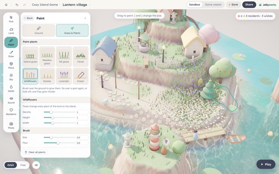 Painting wildflowers onto the island in JellyWorks